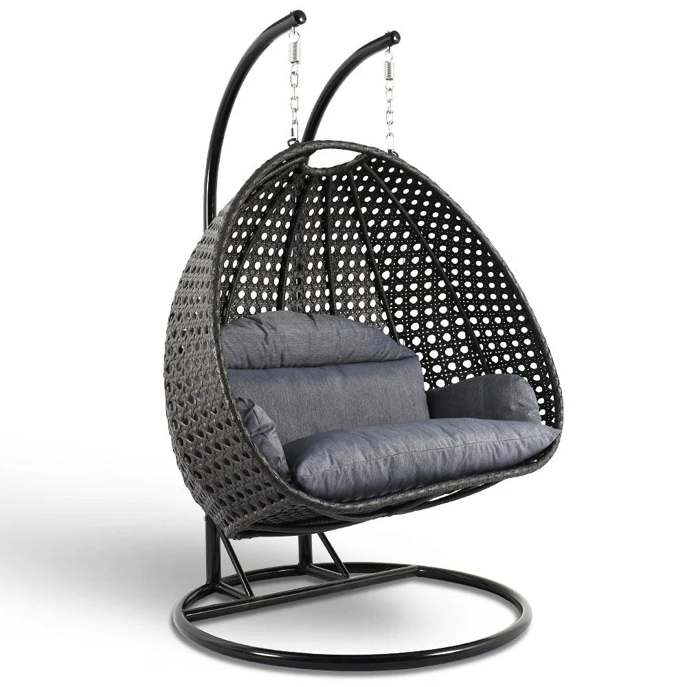 LeisureMod Fauteuil suspendu œuf 2 places avec support - Balançoire hamac de patio en rotin osier intérieur/extérieur avec coussins