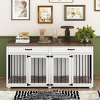 Meuble Niche Double pour Chiens en Bois avec 2 Tiroirs et Séparateur