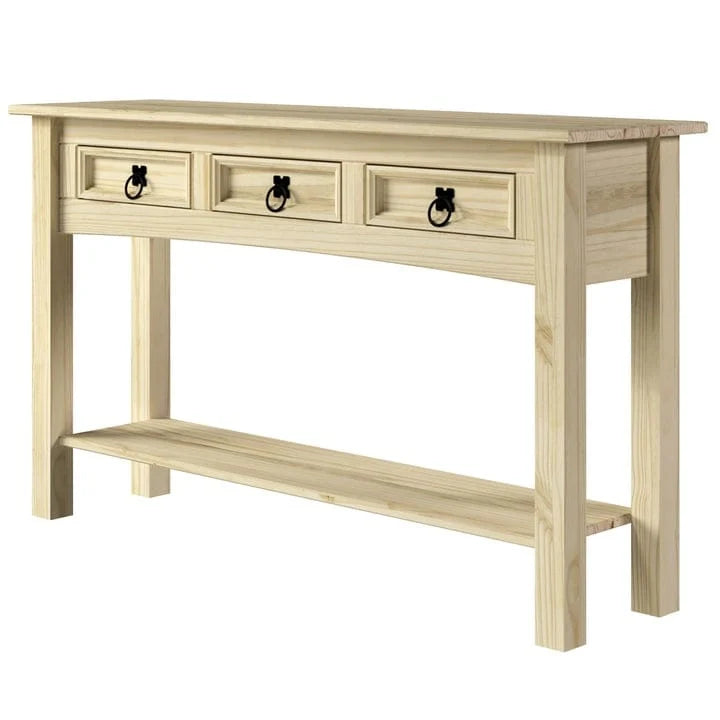 Console de couloir rustique en pin massif, blanc cérusé / marron antique / gris cérusé / non peinte, 3 tiroirs