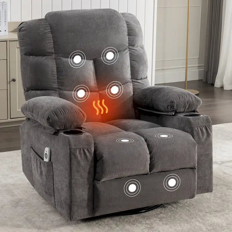 Fauteuil inclinable gris surdimensionné avec fonctions de chauffage et de massage, inclinaison à 150°, bascule à 30°, port USB pour la recharge et 2 porte-gobelets