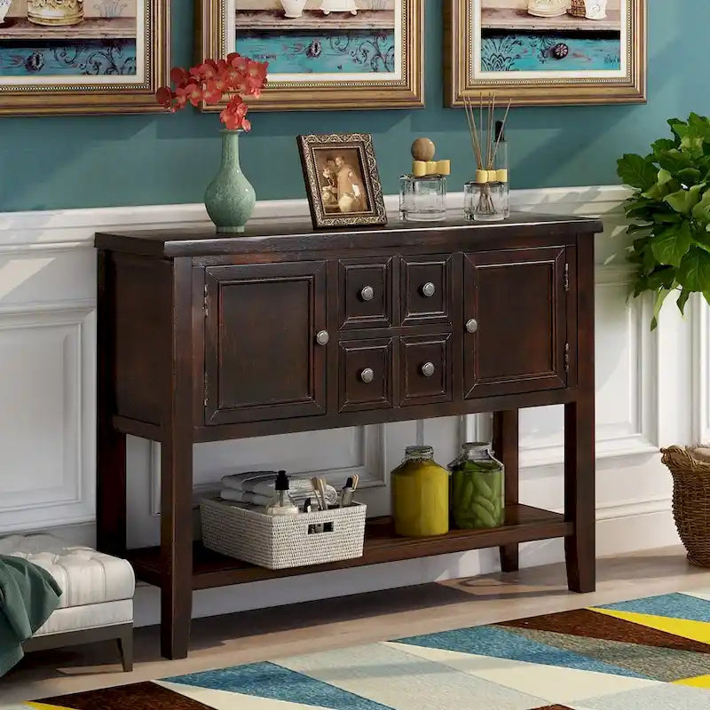 Buffet commode de style rétro en bois avec étagère inférieure, facile à assembler, pour salon, cuisine, entrée