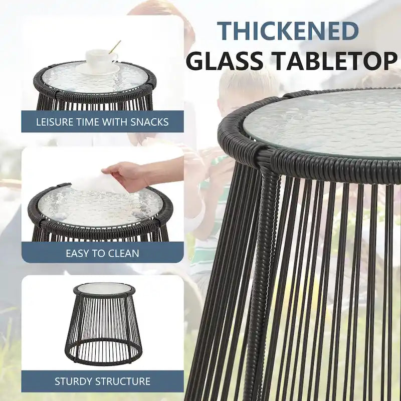 Ensemble de bistro 3 pièces pour terrasse, salon de jardin en rotin d'extérieur avec table en verre et 2 fauteuils larges, coussins d'assise