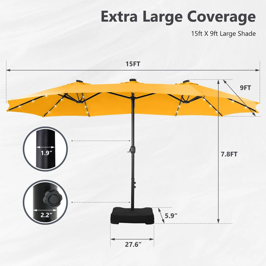 MAISON ARTS Parasol de marché extérieur rectangulaire de 4,5 m avec manivelle, double face, lumières LED solaires et base incluse
