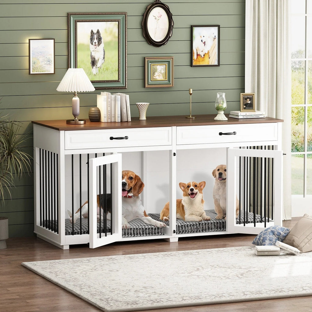 Meuble Niche Double pour Chiens en Bois avec 2 Tiroirs et Séparateur