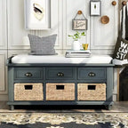 Banc de rangement rustique avec 3 tiroirs et 3 paniers en rotin, banc à chaussures pour salon, entrée