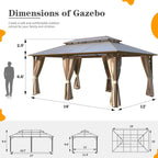 Tonnelle EROMMY à toit rigide, pergola extérieure avec double toit, moustiquaire et rideaux, auvent robuste pour patio, jardin, fête au bord de la piscine