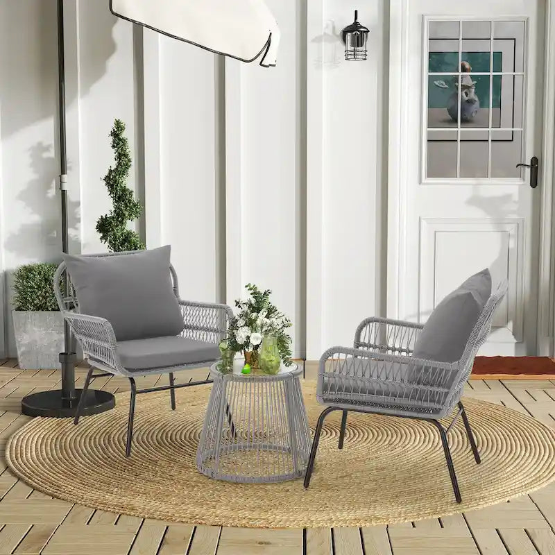 Ensemble de bistro 3 pièces pour terrasse, salon de jardin en rotin d'extérieur avec table en verre et 2 fauteuils larges, coussins d'assise