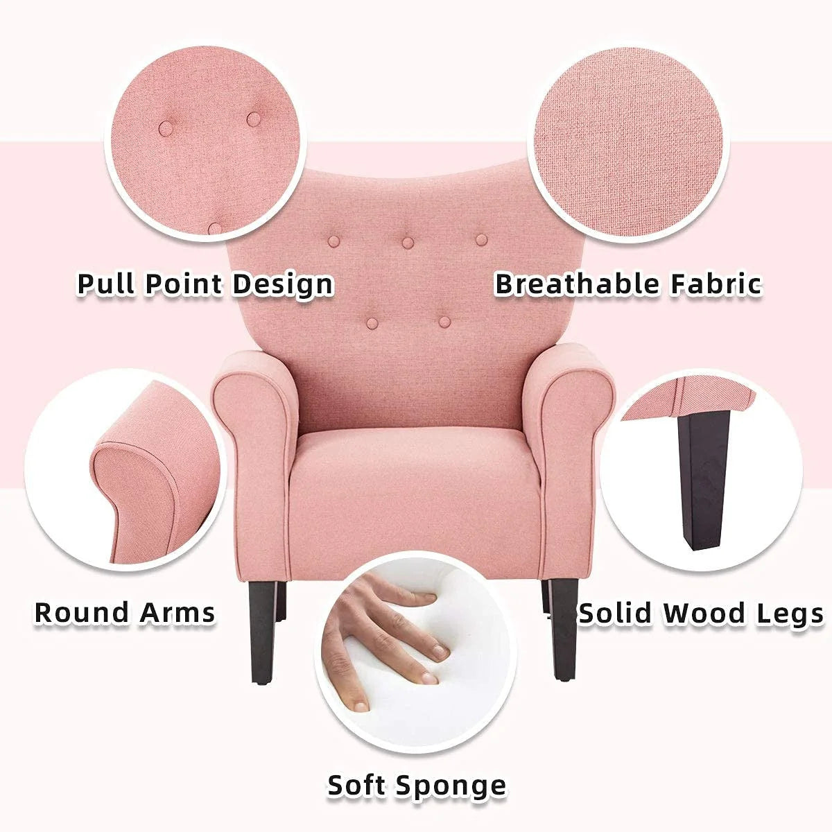 Fauteuil d'appoint moderne Erommy, fauteuil à dossier haut, canapé individuel en tissu capitonné avec pieds en bois pour salon