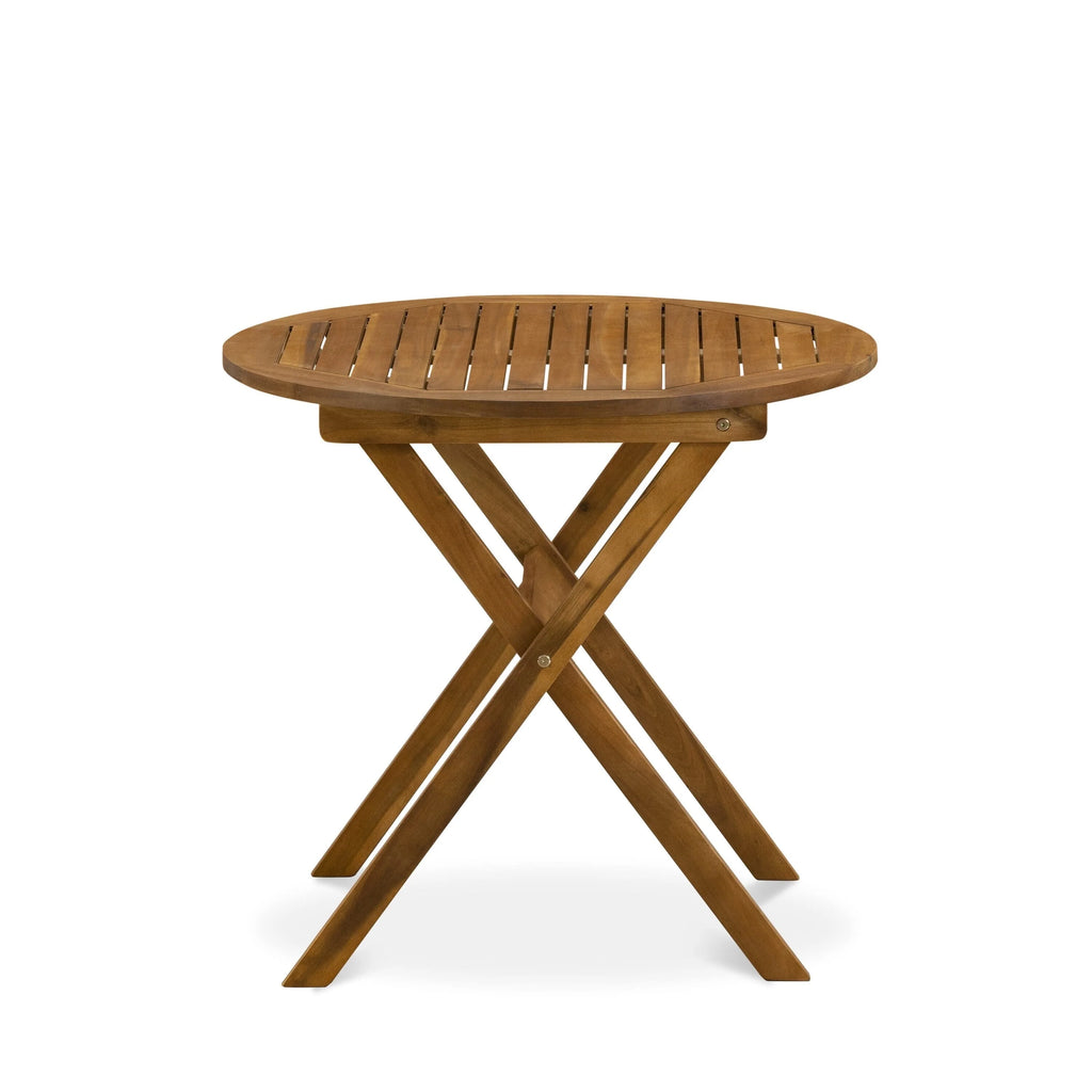 East West Furniture Ensemble Bistro de Conversation d'Extérieur avec Table Basse Ronde en Bois et 2 Chaises Pliantes, Huile Naturelle