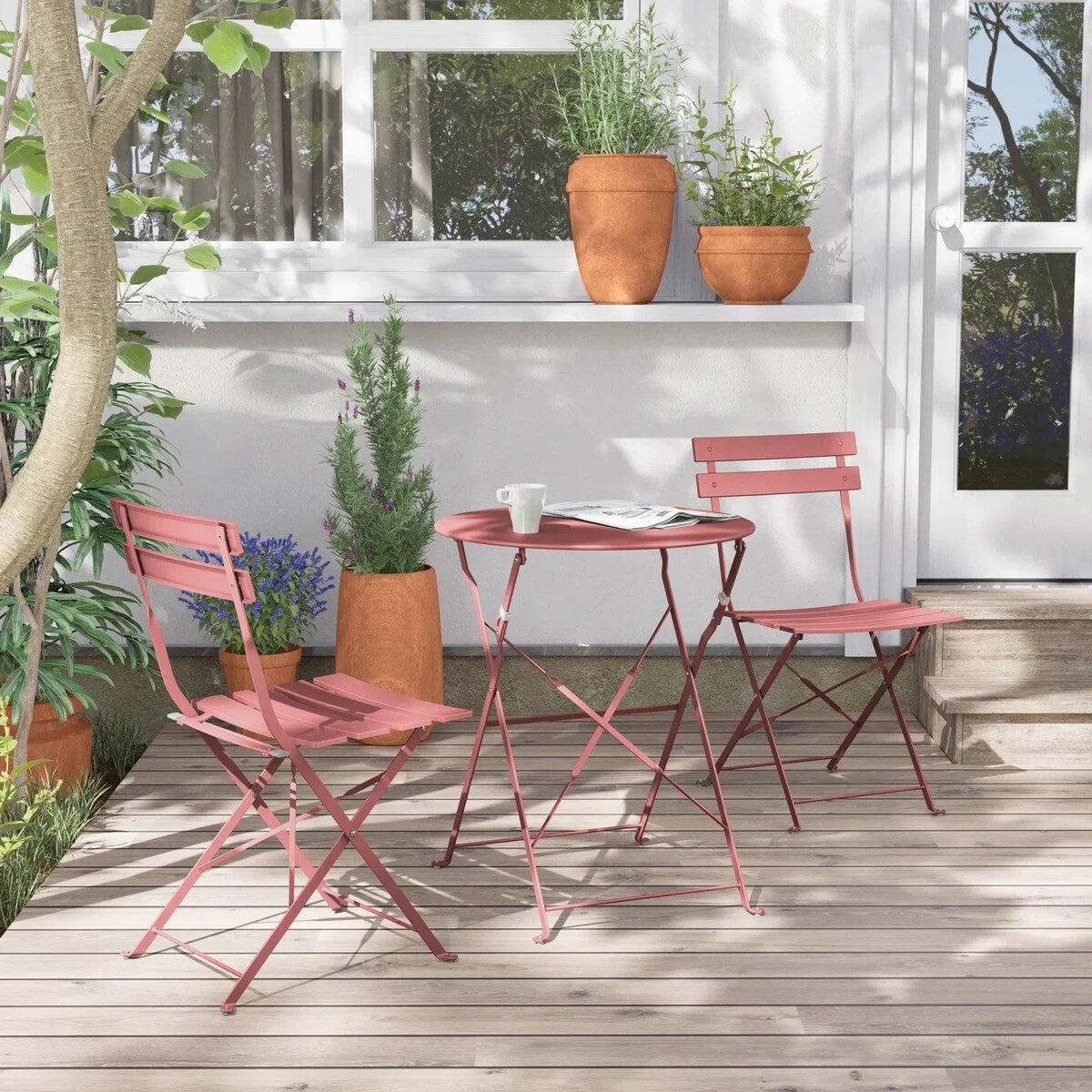 Ensemble bistro pliant 3 pièces en métal, ensemble de conversation intérieur/extérieur résistant aux intempéries pour patio, cour, jardin