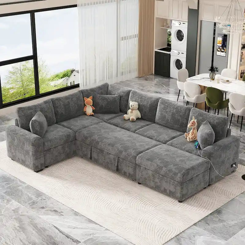 Canapé d'angle en chenille convertible, canapé-lit en forme de L avec pouf de rangement, 3 oreillers et dispositifs de charge