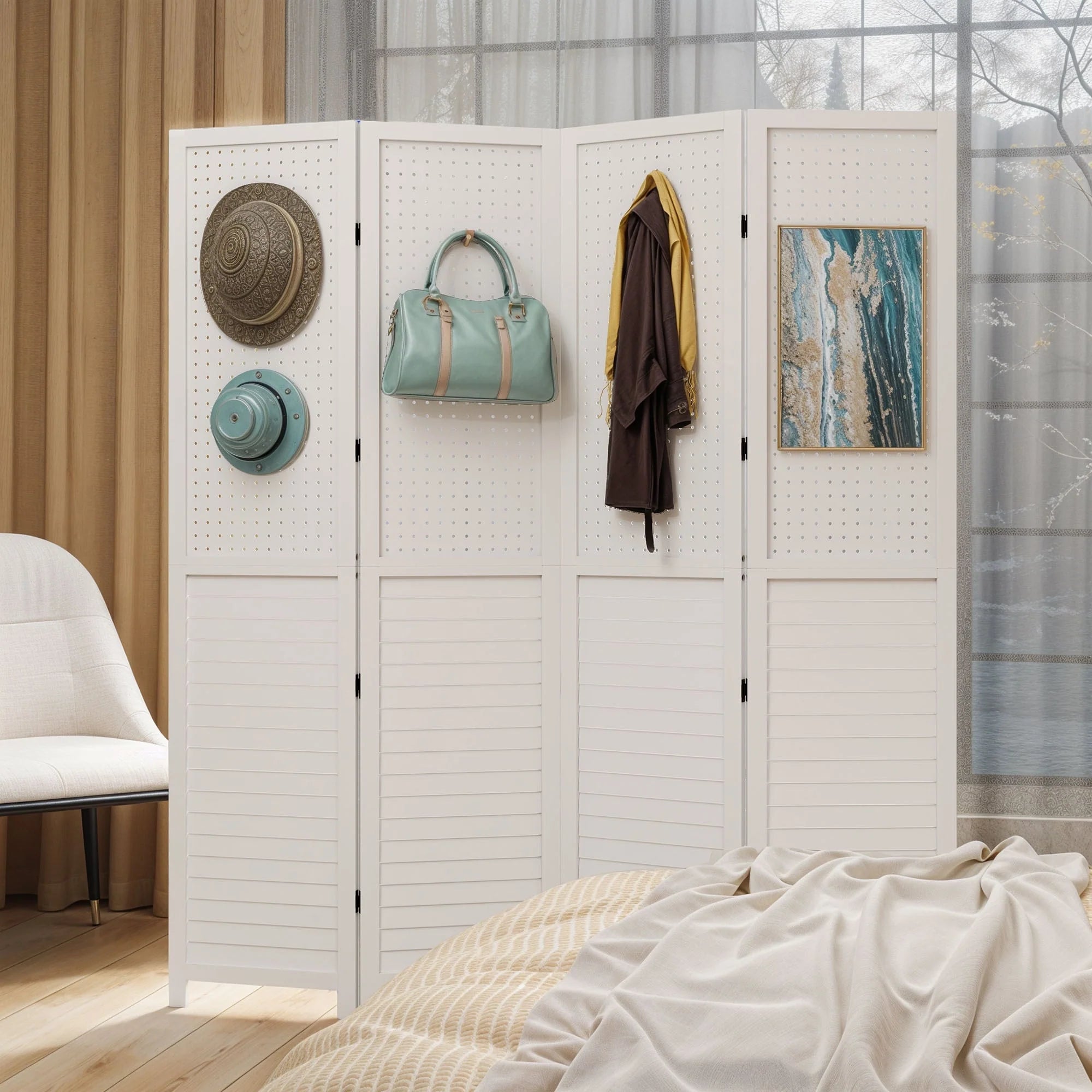 Séparateur de pièce Moasis 67 Blanc en bois à 4 panneaux