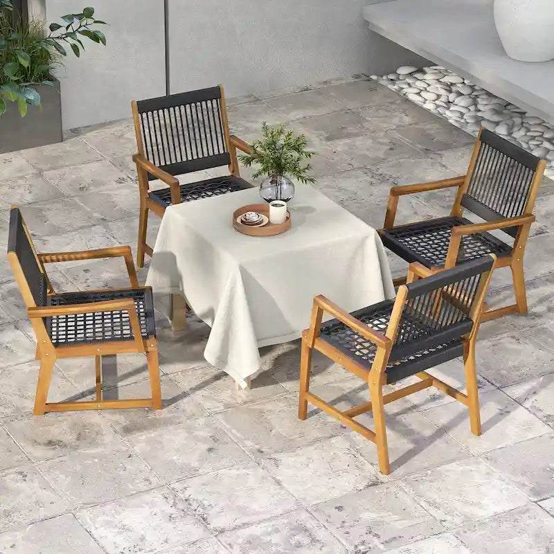 Chaises de salle à manger Gymax Patio 4 pièces en bois d'acacia avec corde tressée résistante aux intempéries
