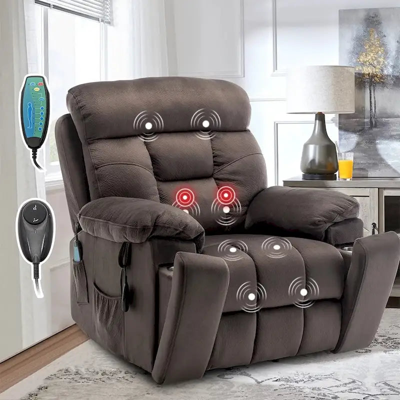 Grand fauteuil inclinable de massage électrique avec fonction de levage, chauffage et porte-gobelet dissimulé