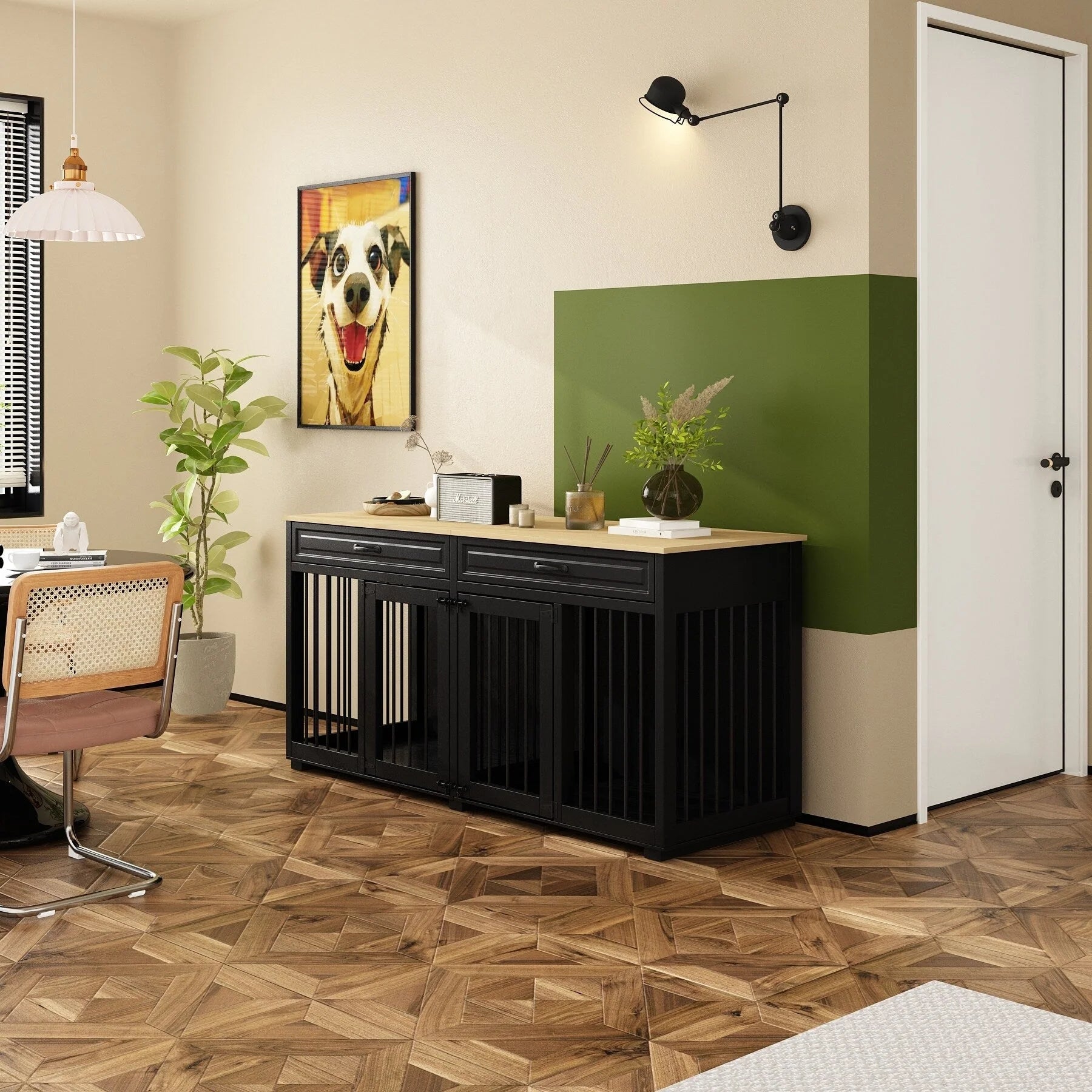 Meuble Niche Double pour Chiens en Bois avec 2 Tiroirs et Séparateur