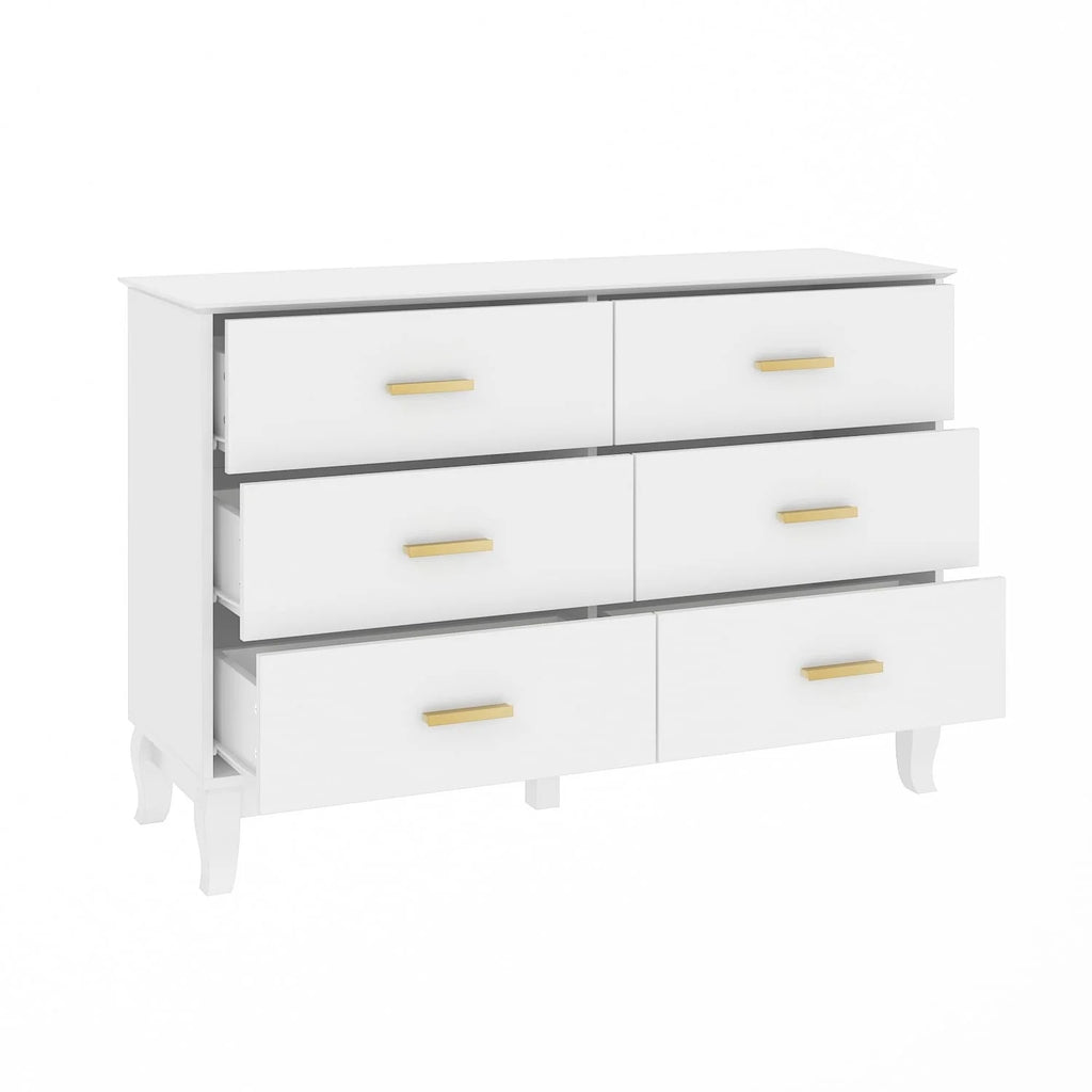 Commode double Timechee à 6 tiroirs, 120 cm de large, pieds en bois massif, finition laquée