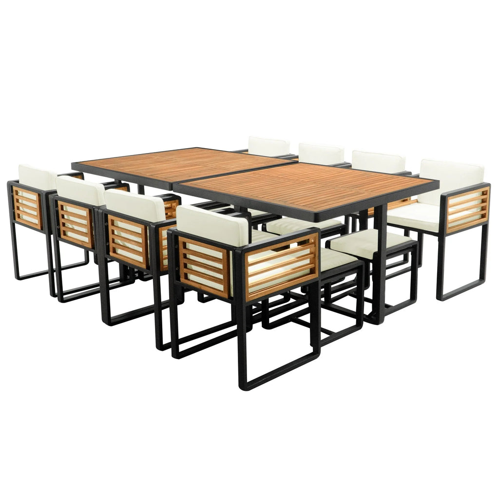 Ensemble de salle à manger de patio en bois d'acacia de 18 pièces, 8 chaises coussinées et 8 poufs et 2 tables carrées