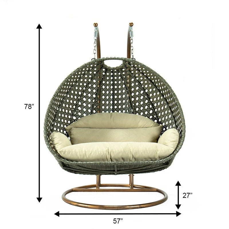 LeisureMod Fauteuil suspendu œuf 2 places avec support - Balançoire hamac de patio en rotin osier intérieur/extérieur avec coussins