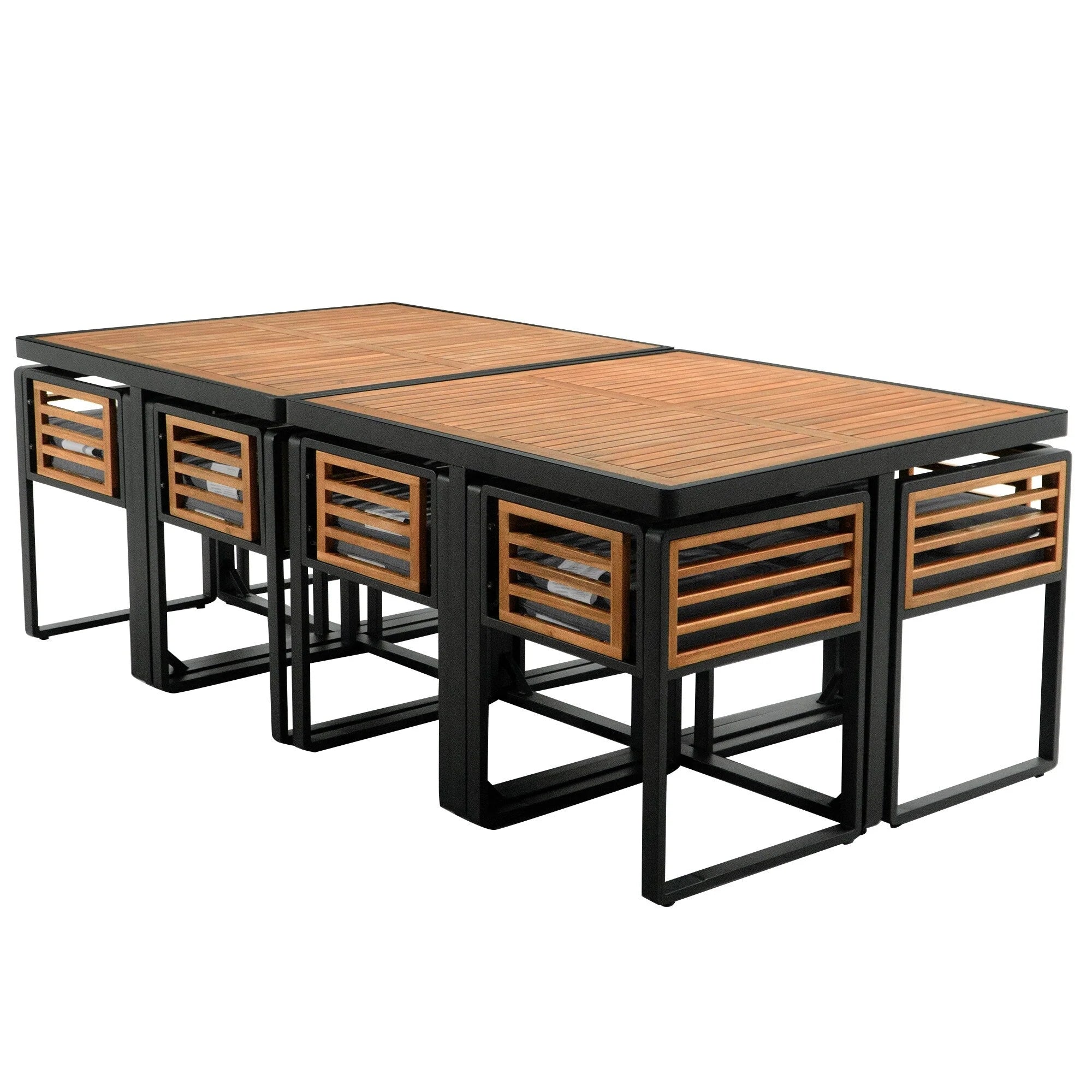 Ensemble de salle à manger de patio en bois d'acacia de 18 pièces, 8 chaises coussinées et 8 poufs et 2 tables carrées