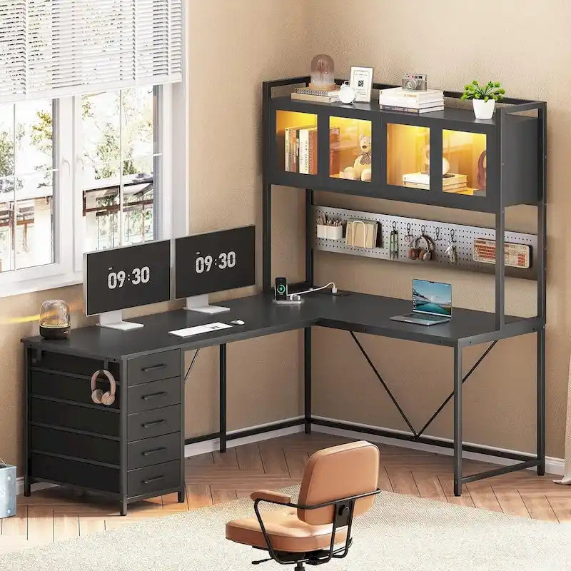 Bureau Gamer en L, Bureau d'Ordinateur avec Panneau Perforé, 5 Tiroirs et Étagère de Rangement