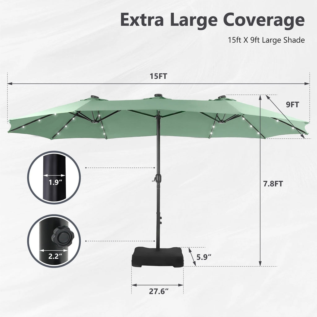 MAISON ARTS Parasol de marché extérieur rectangulaire de 4,5 m avec manivelle, double face, lumières LED solaires et base incluse