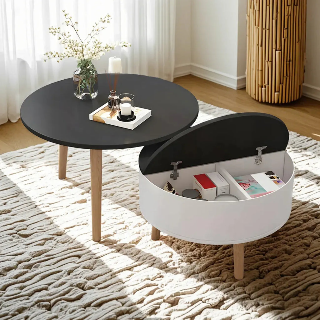 Table basse ronde en bois noir et blanc moderne avec rangement