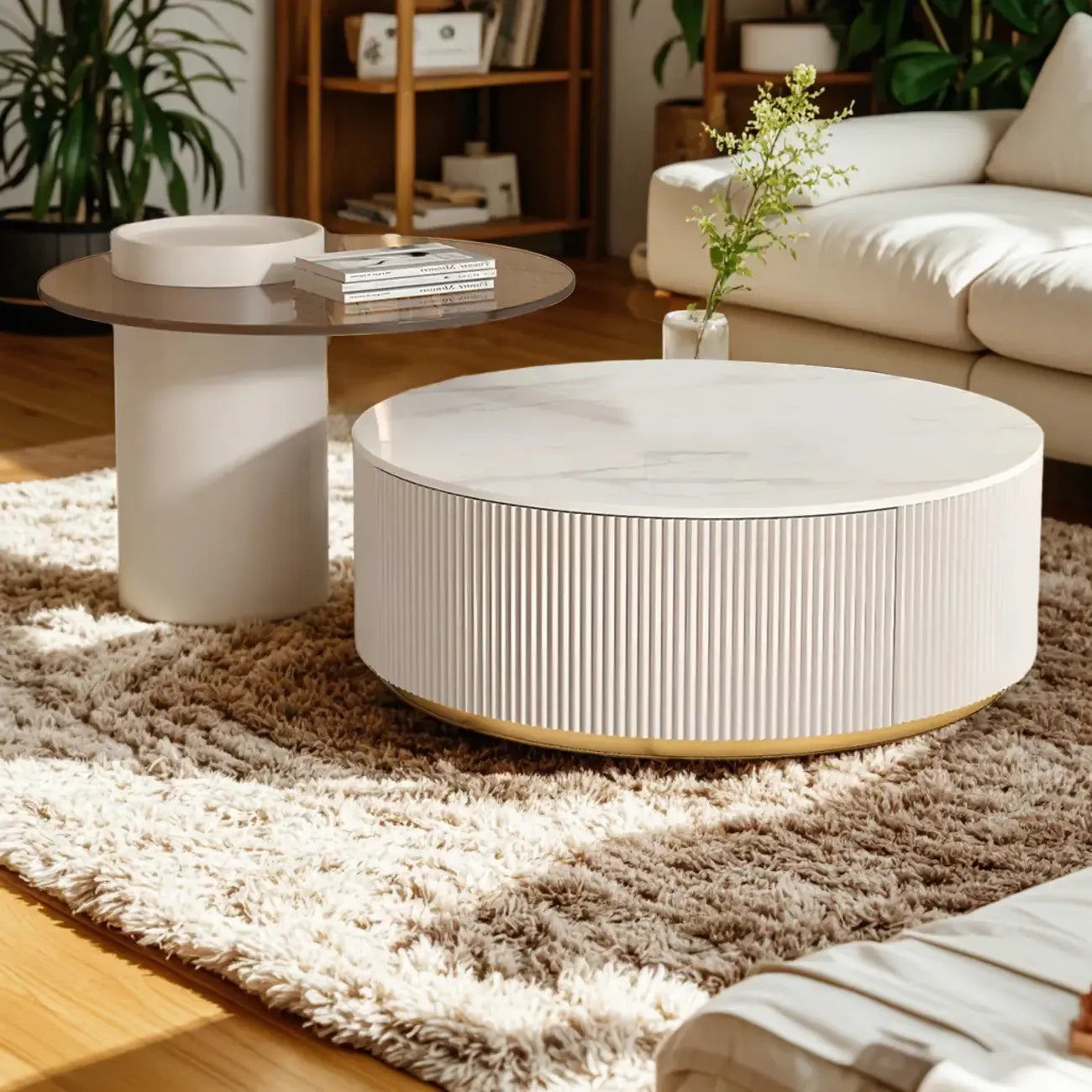 Table basse ronde moderne blanche avec tiroir en bois