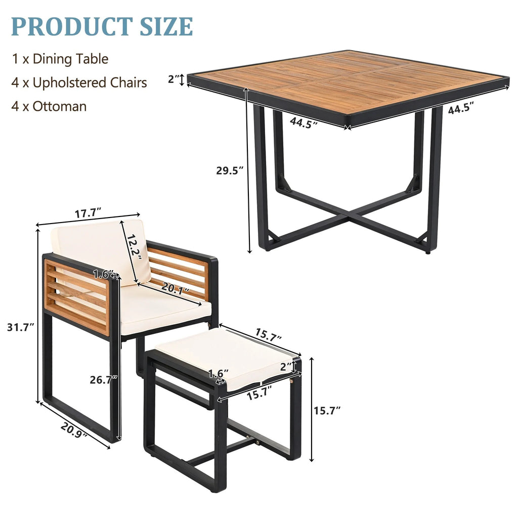 Ensemble de salle à manger de patio en bois d'acacia de 18 pièces, 8 chaises coussinées et 8 poufs et 2 tables carrées