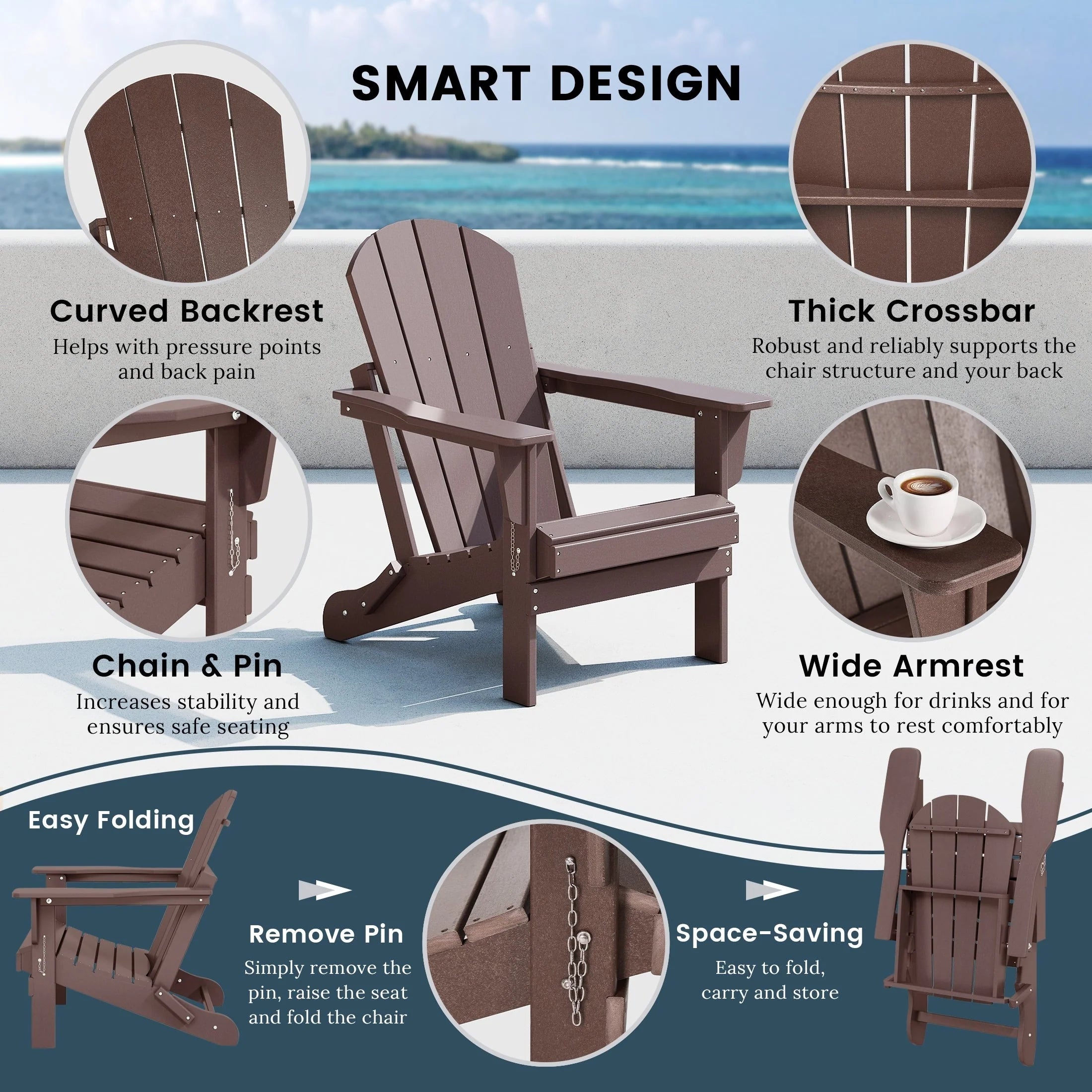 Chaise Adirondack pliante de patio d'extérieur tout temps résistante à la décoloration Polytrends Laguna