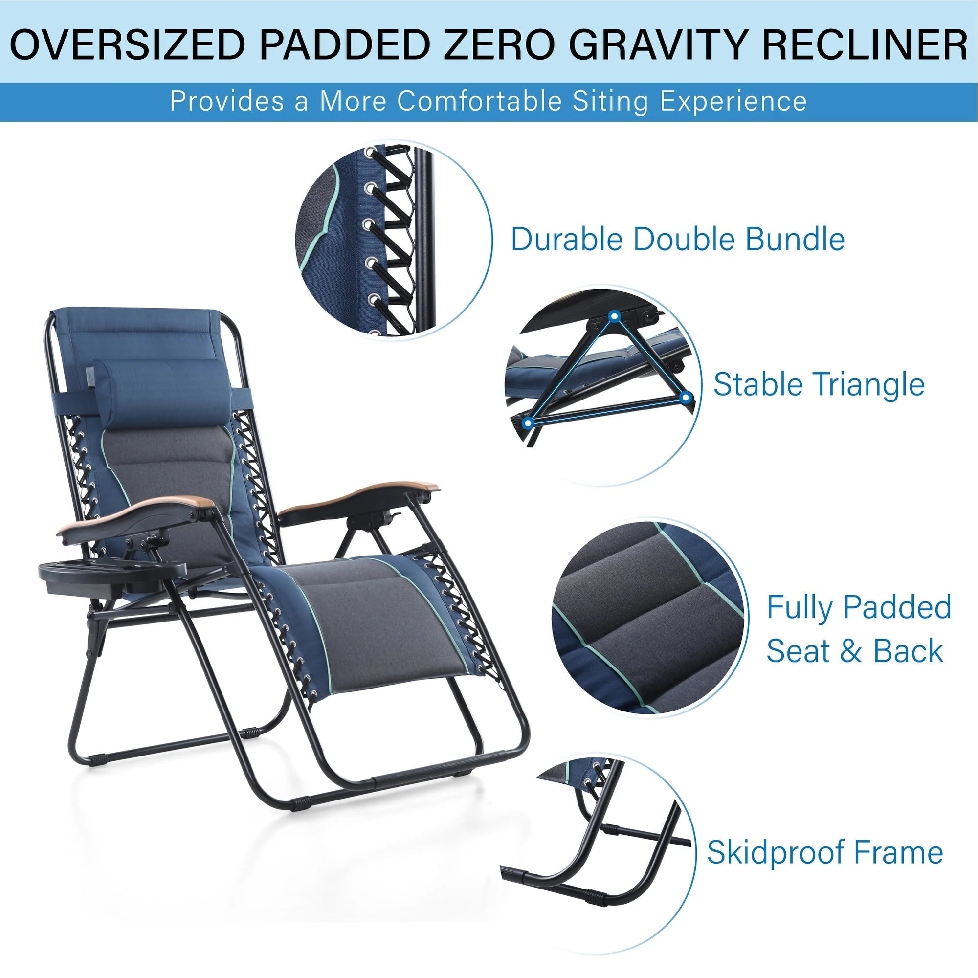 Fauteuil de relaxation zéro gravité XL surdimensionné et rembourré, avec accoudoirs plus larges, inclinable et porte-gobelet - N/A