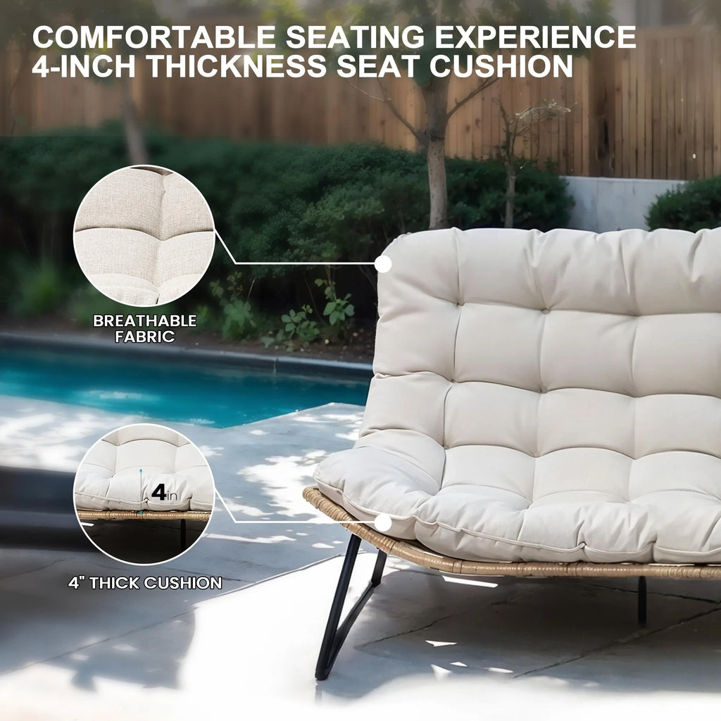 Fauteuil Double Papasan avec Coussin, en Rotin PE Résistant aux Intempéries et Cadre en Métal pour Intérieur et Extérieur