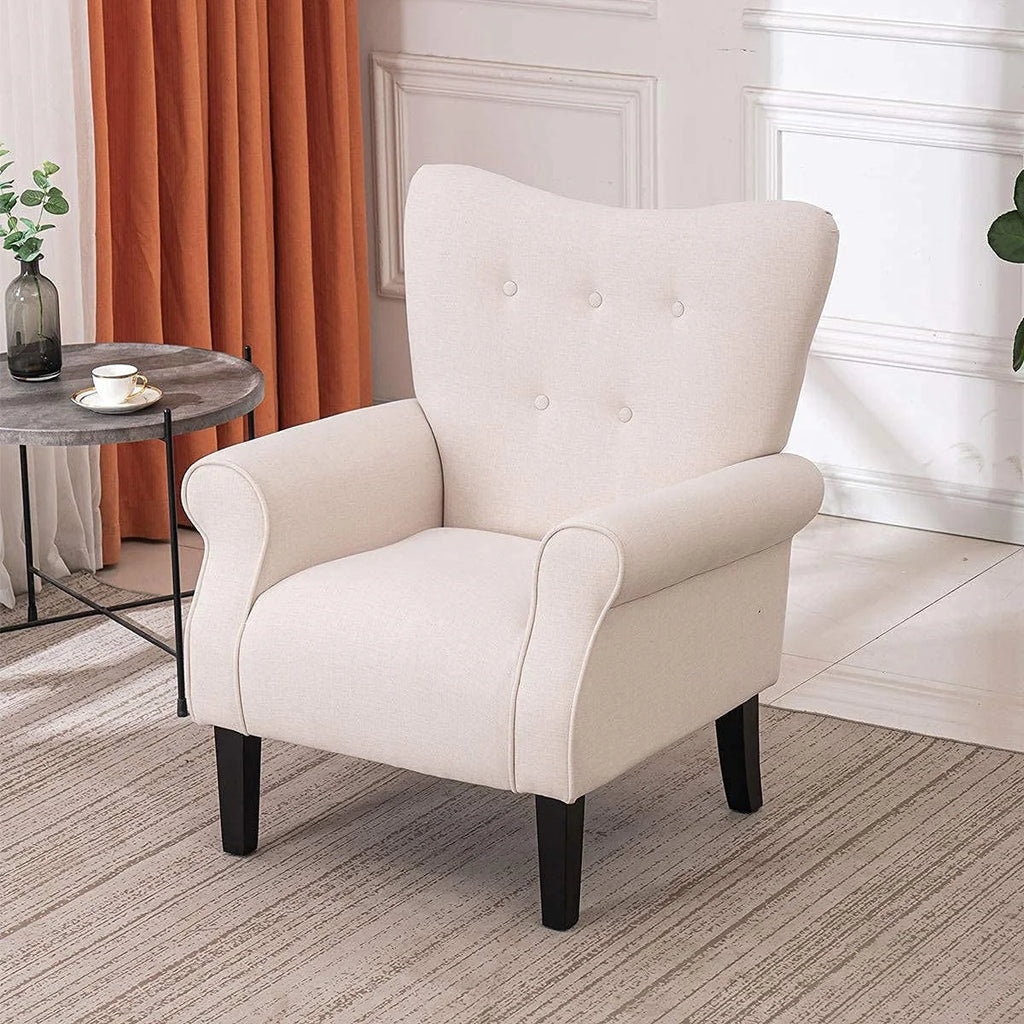 Fauteuil d'appoint moderne Erommy, fauteuil à dossier haut, canapé individuel en tissu capitonné avec pieds en bois pour salon