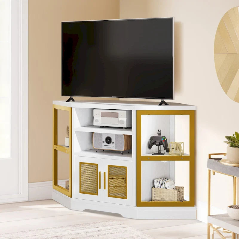 Meuble TV d'angle de ferme, meuble multimédia avec prise de courant pour téléviseurs jusqu'à 55 pouces