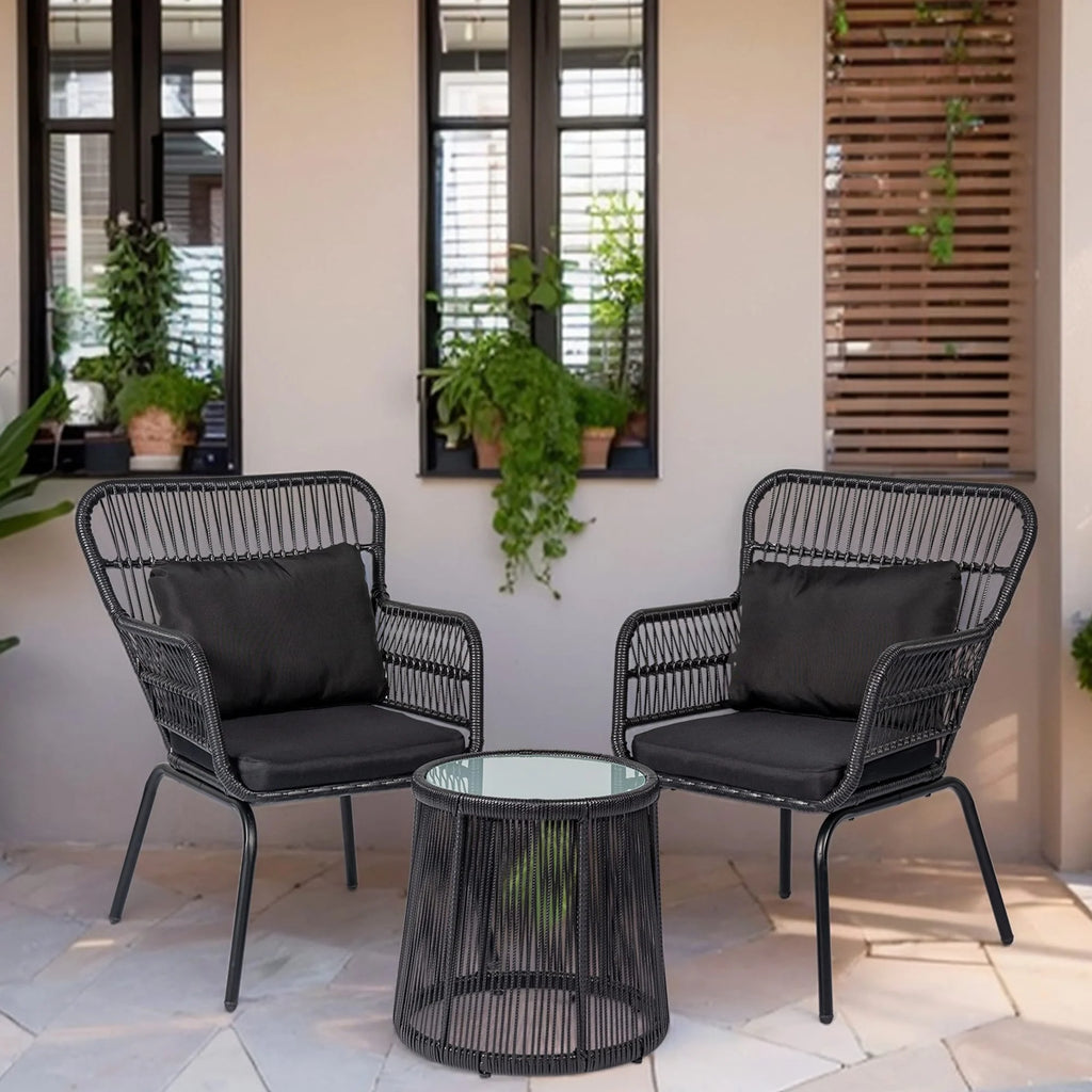 Ensemble bistrot 3 pièces d'extérieur en osier, meubles de terrasse en rotin résistant aux intempéries avec coussins