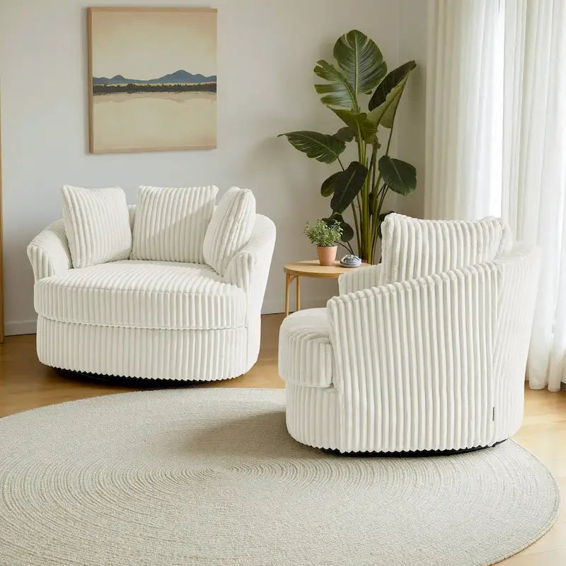 Lot de 2 fauteuils pivotants ronds surdimensionnés en velours côtelé moelleux de 43 po avec oreillers