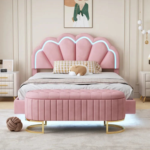 Ensembles de chambre à coucher 2 pièces – Lit plateforme double avec LED et pouf de rangement