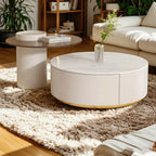 Table basse ronde moderne blanche avec tiroir en bois