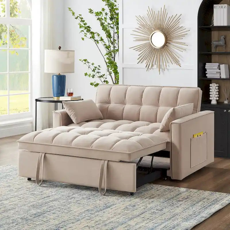 Canapé-lit convertible 4-en-1 – Causeuse en velours – Lit d'appoint avec dossier inclinable, 2 poches latérales