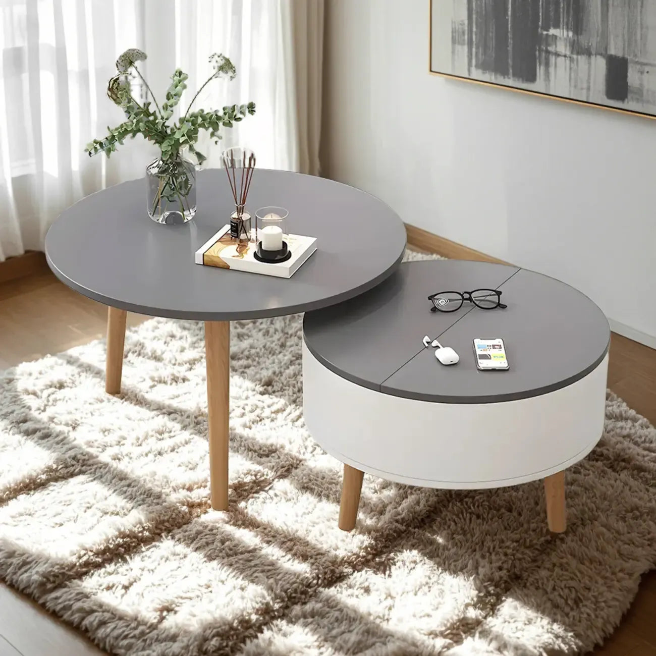 Table basse ronde en bois noir et blanc moderne avec rangement