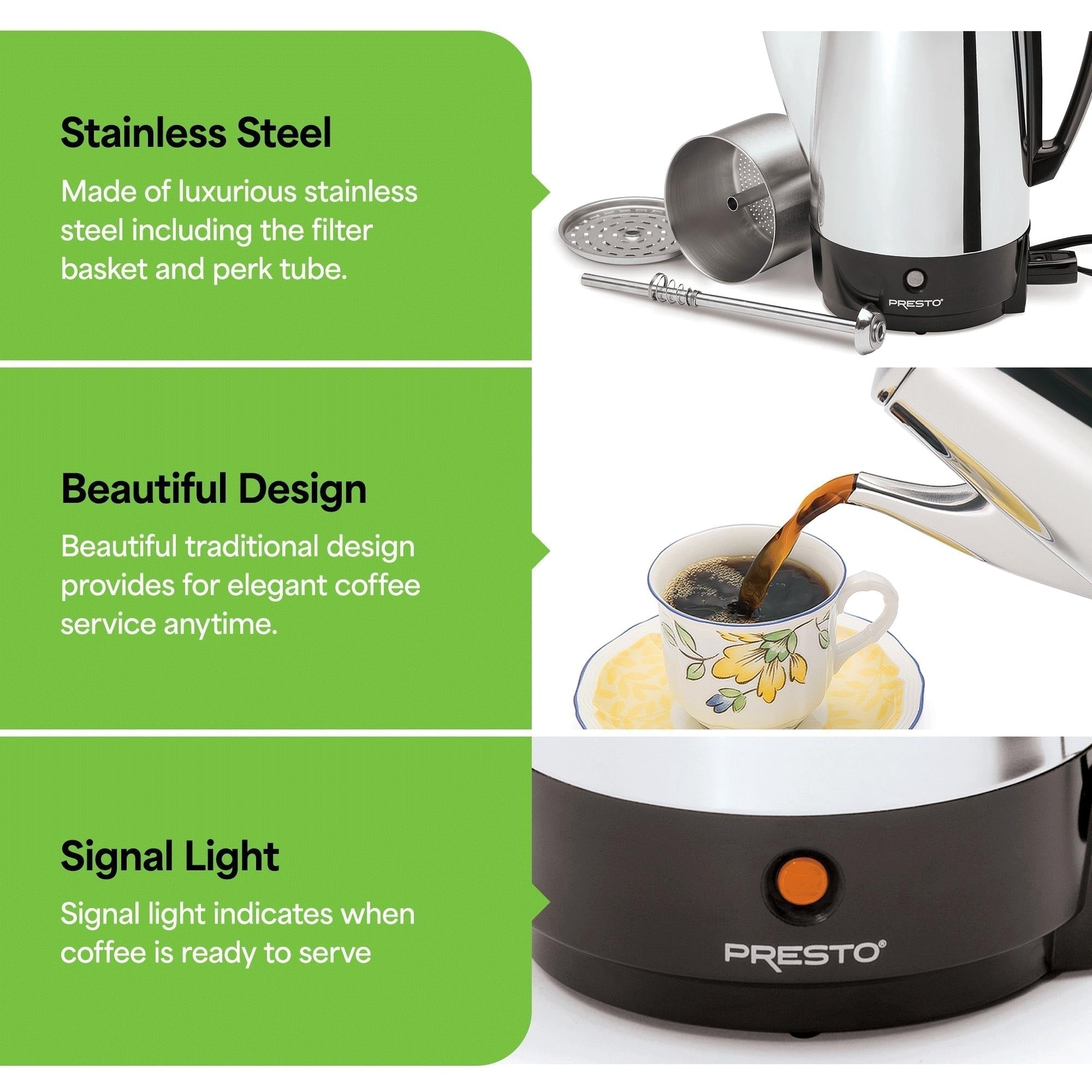 Cafetière Presto en acier inoxydable, percolateur robuste 12 tasses, argent - 2.79