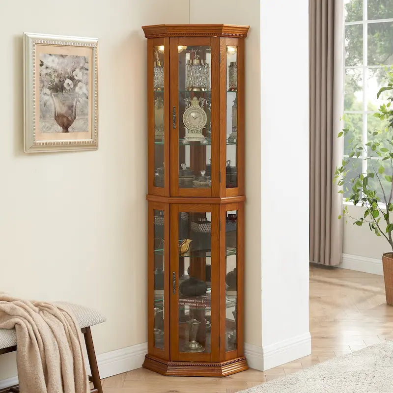 Vitrine d'angle avec éclairage, étagères réglables en verre trempé, fond miroir, meuble vitrine