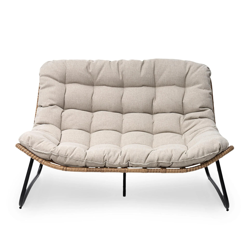 Fauteuil Double Papasan avec Coussin, en Rotin PE Résistant aux Intempéries et Cadre en Métal pour Intérieur et Extérieur