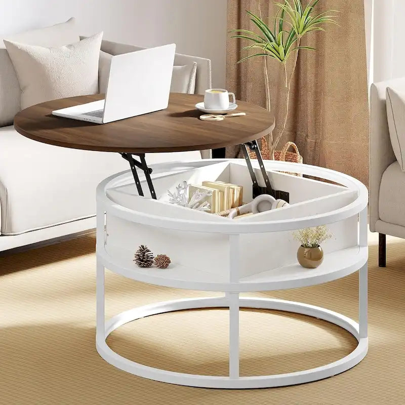 Table basse ronde relevable Moasis Farmhouse avec rangement dissimulé et étagère