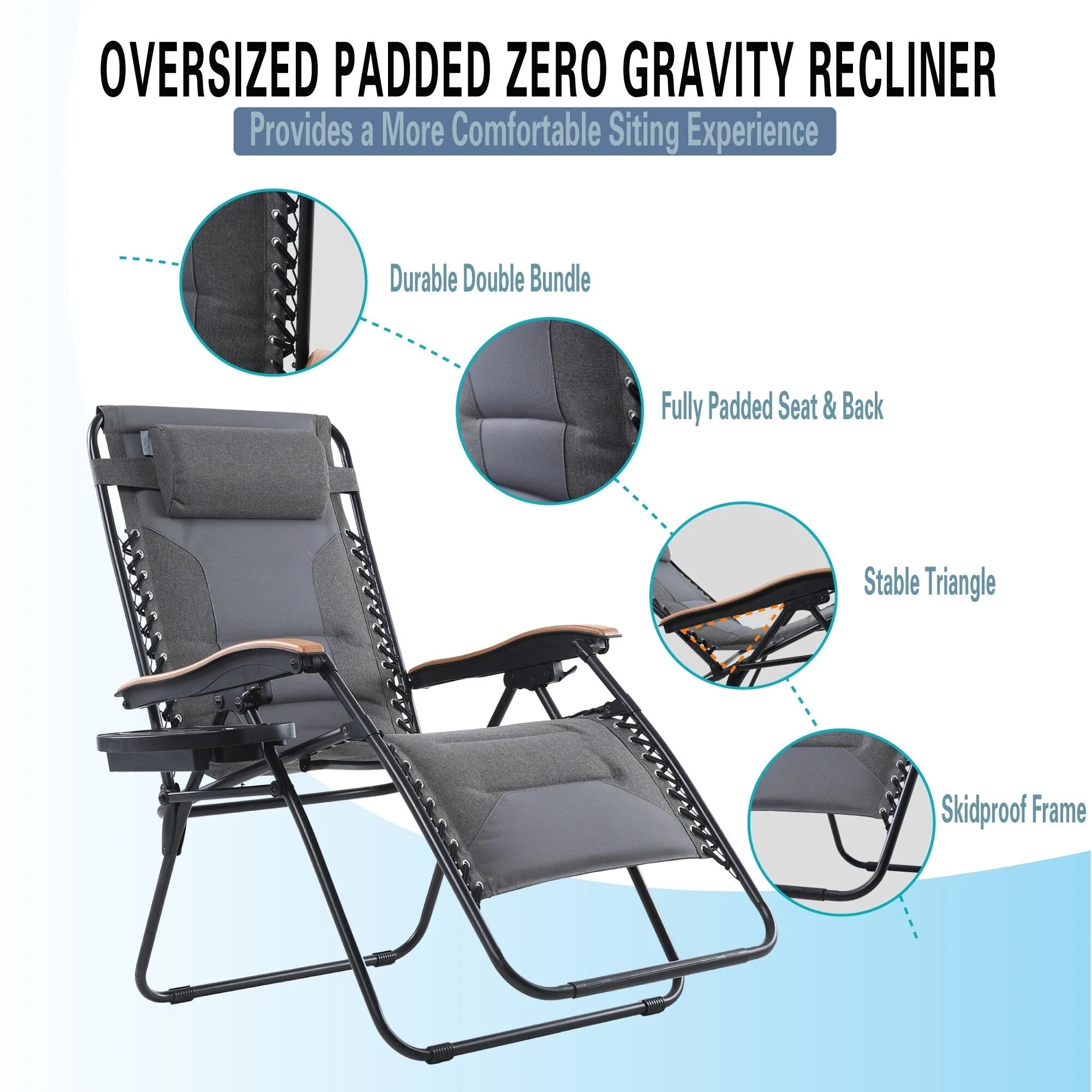 Fauteuil de relaxation zéro gravité XL surdimensionné et rembourré, avec accoudoirs plus larges, inclinable et porte-gobelet - N/A