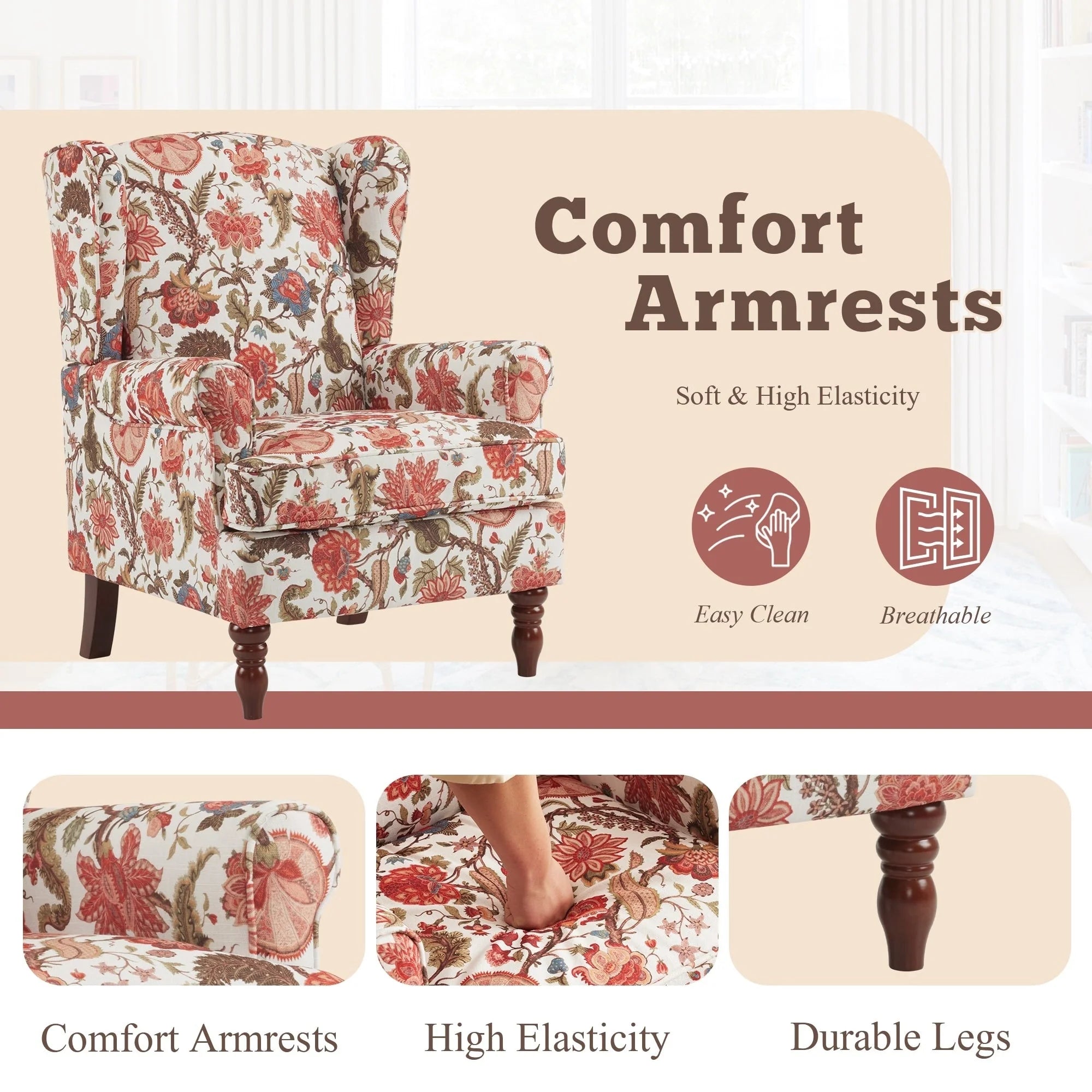 Fauteuil d'appoint moderne Erommy, fauteuil à dossier haut, canapé individuel en tissu capitonné avec pieds en bois pour salon