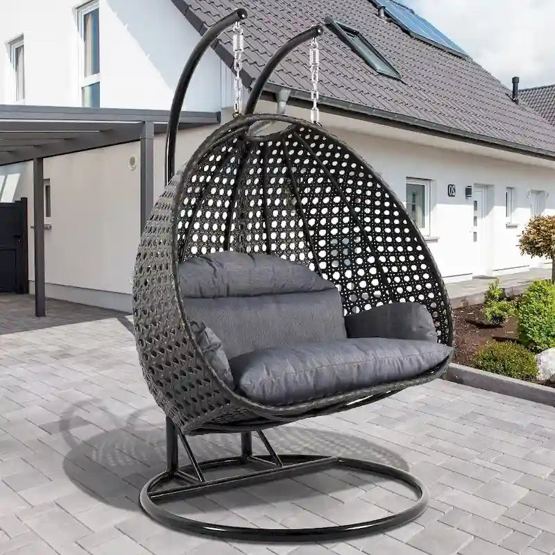 LeisureMod Fauteuil suspendu œuf 2 places avec support - Balançoire hamac de patio en rotin osier intérieur/extérieur avec coussins