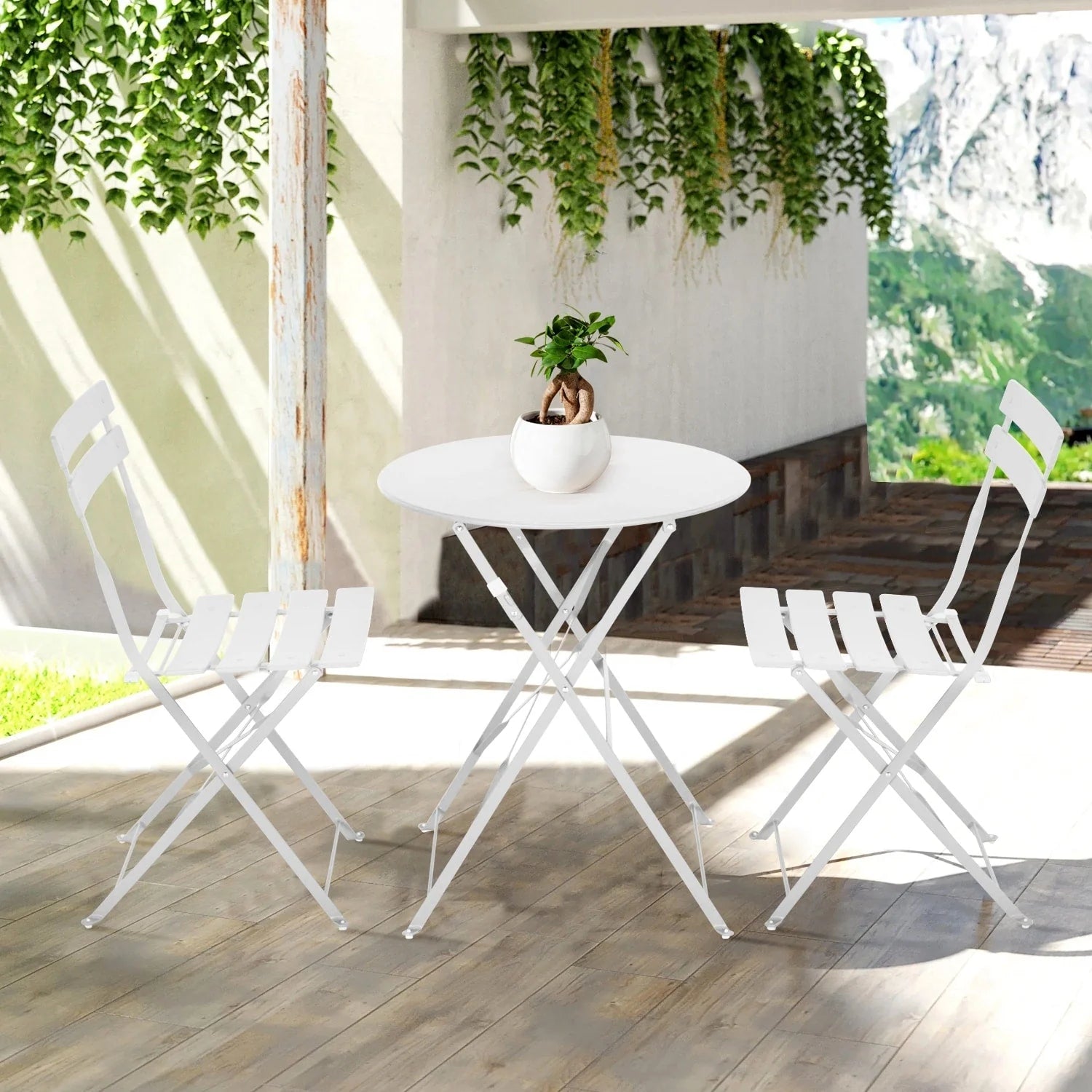 Ensemble bistrot pliant en métal 3 pièces, salon de conversation intérieur/extérieur résistant aux intempéries pour patio, cour, jardin