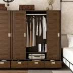 Garde-robe marron avec tiroirs, tringle à vêtements 4 portes coulissantes