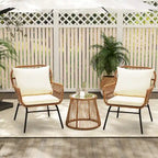 Ensemble de bistro 3 pièces pour terrasse, salon de jardin en rotin d'extérieur avec table en verre et 2 fauteuils larges, coussins d'assise