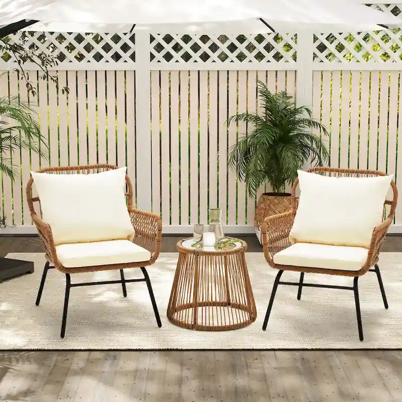 Ensemble de bistro 3 pièces pour terrasse, salon de jardin en rotin d'extérieur avec table en verre et 2 fauteuils larges, coussins d'assise